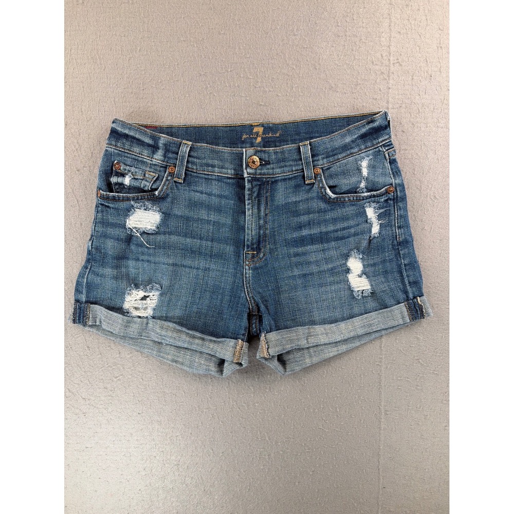 7 For All Mankind Womens Distressed Denim Cuffed Jean Shorts Medium Wash Size 26